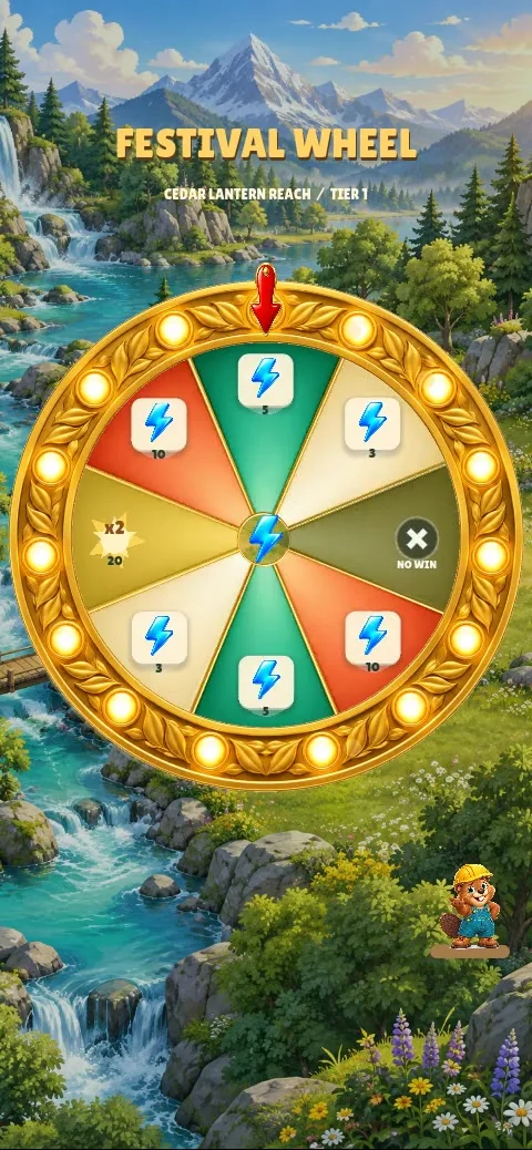 Dam! Festival Wheel bonus screen: a large golden prize wheel over a mountain river scene